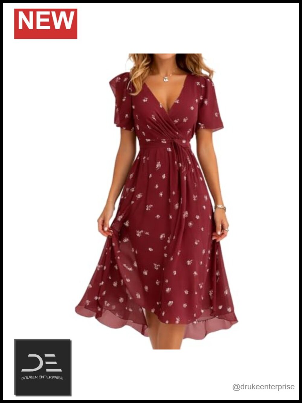 Women's Floral Chiffon Midi Dress Short Sleeve V-Neck Empire Waist